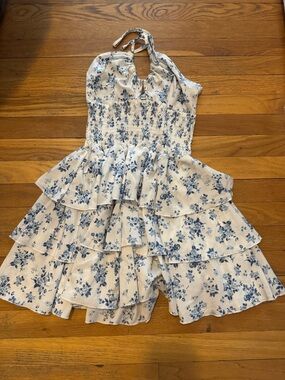 Floral Halter Ruffle Mini Dress - Blue on Cream